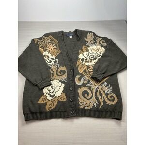 Vintage Maggie McNaughton Women's 2XL Gray Floral Cardigan Sweater Made in USA‎